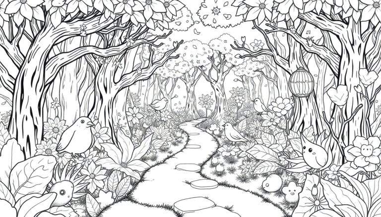 Color panel: Forêt magique pleine d'arbres, de fleurs et d'animaux joyeux pour une page de coloriage remplie de surprises.
