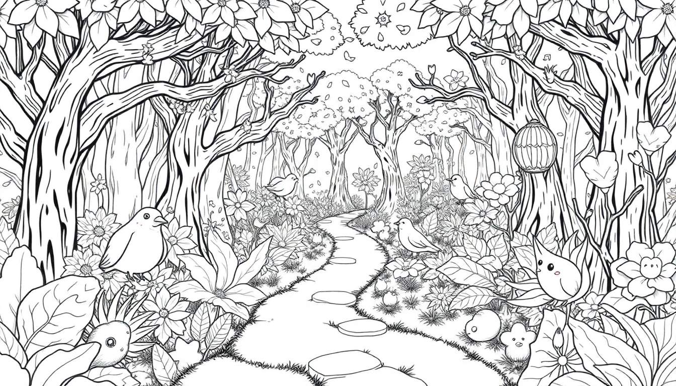Color panel: Forêt magique pleine d'arbres, de fleurs et d'animaux joyeux pour une page de coloriage remplie de surprises.