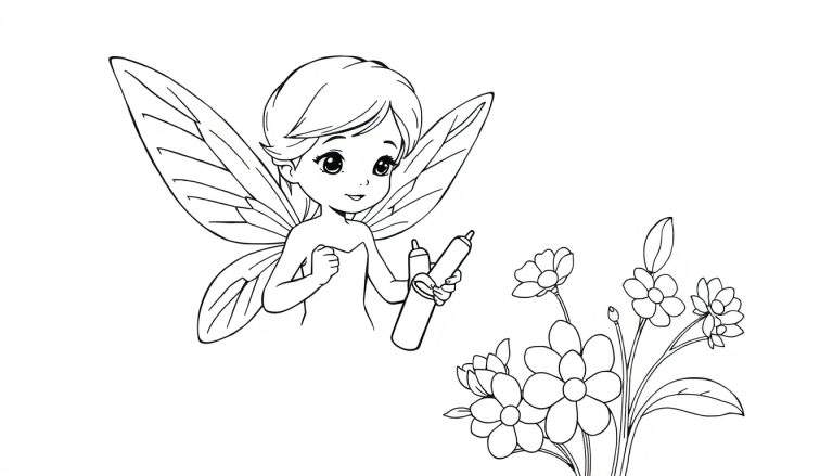 Une fée joyeuse tenant deux flacons au milieu d'un bouquet de fleurs, dans un color panel.