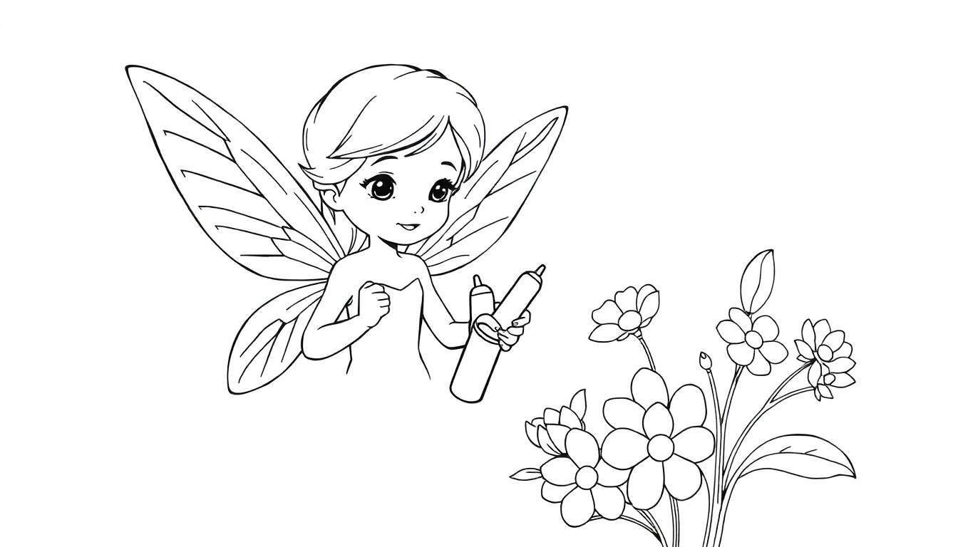 Une fée joyeuse tenant deux flacons au milieu d'un bouquet de fleurs, dans un color panel.