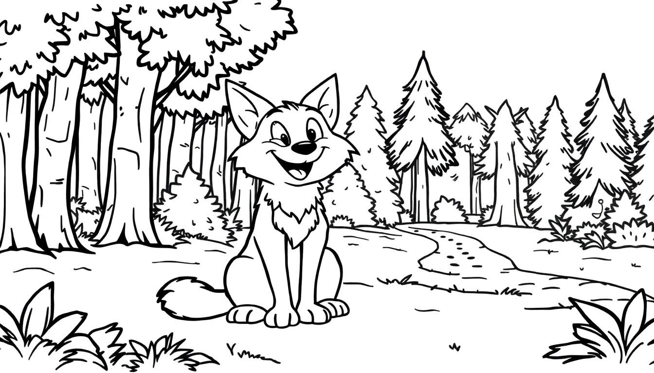 Un loup souriant assis dans une forêt, page de coloriage pour enfants.