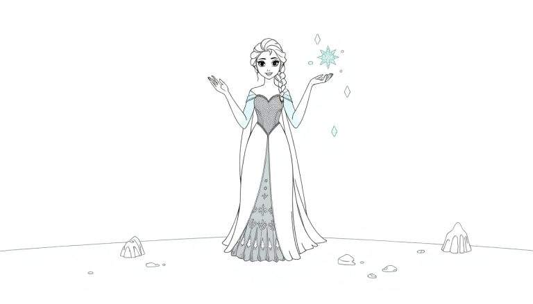 Illustration en noir et blanc d'Elsa créant de la neige dans un color panel.