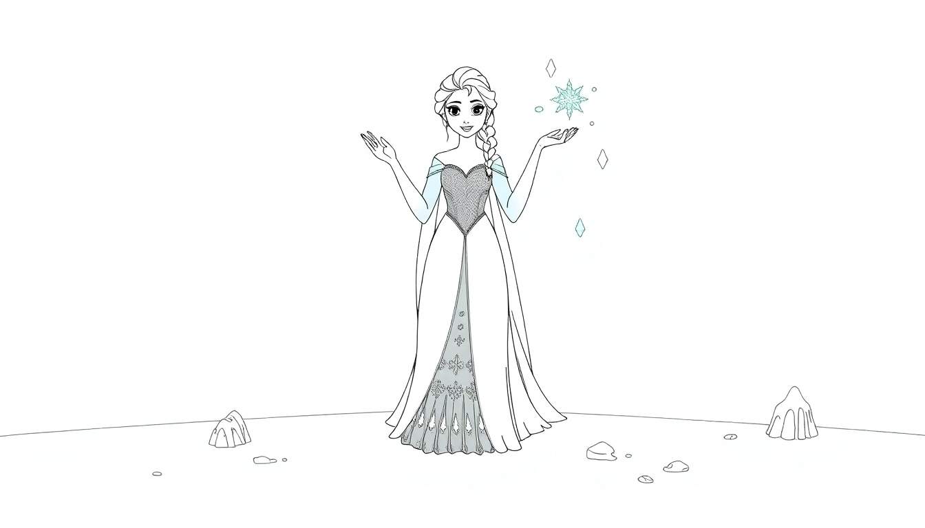 Illustration en noir et blanc d'Elsa créant de la neige dans un color panel.