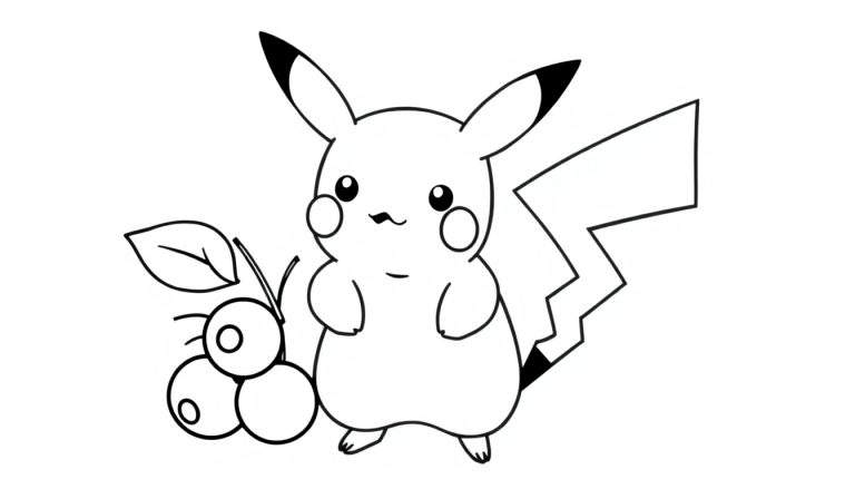 Pikachu, comme une color plate, se tient à côté de baies.