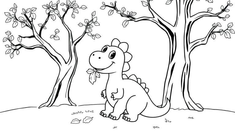 Page de coloriage en noir et blanc d'un dinosaure souriant mangeant une feuille dans une forêt, avec des arbres et de l'herbe. Parfait pour un color panel.