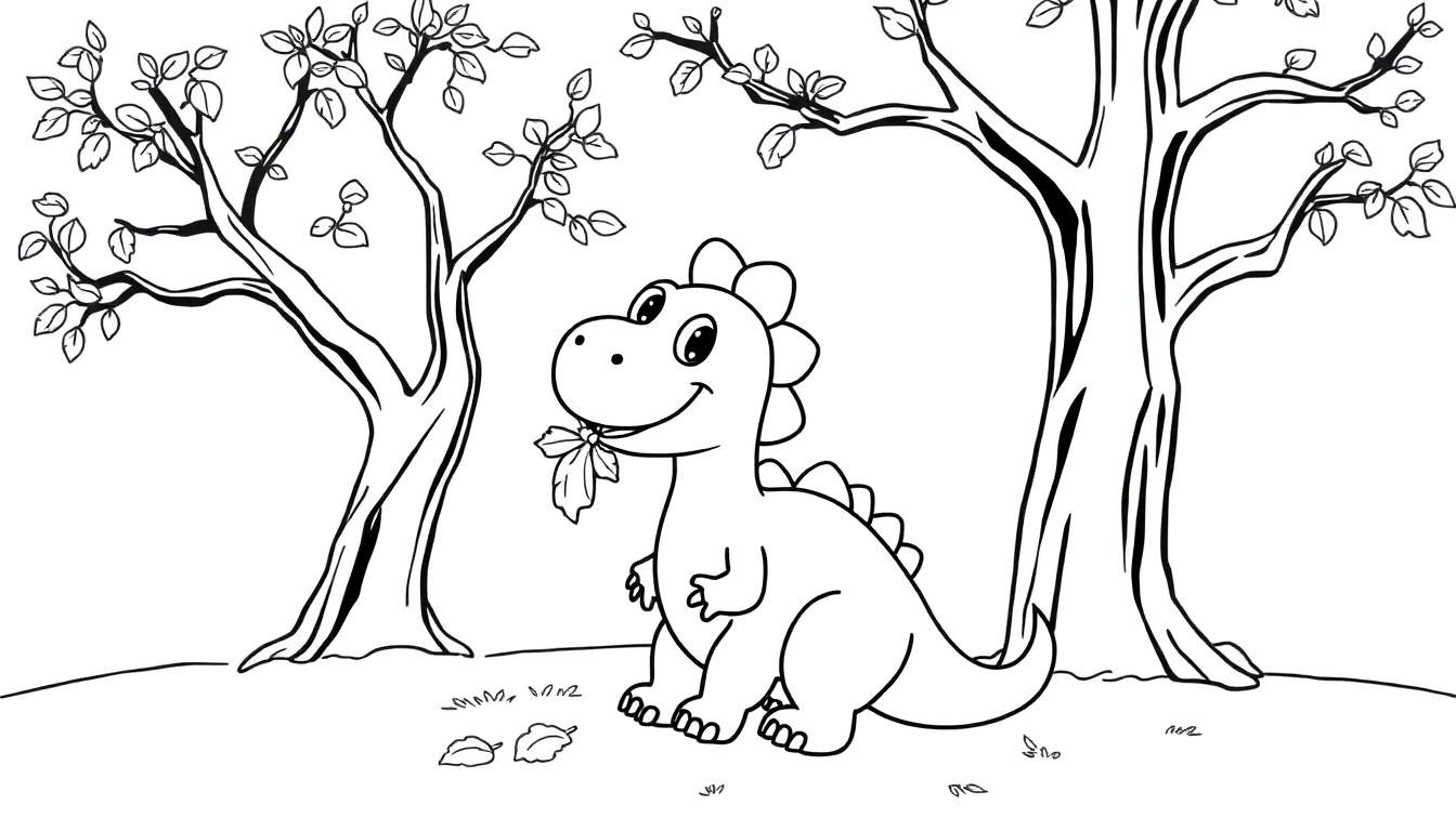 Page de coloriage en noir et blanc d'un dinosaure souriant mangeant une feuille dans une forêt, avec des arbres et de l'herbe. Parfait pour un color panel.
