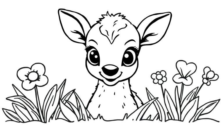 Dessin au trait noir et blanc d'un faon mignon au milieu de fleurs, prêt à être colorié sur un color panel.