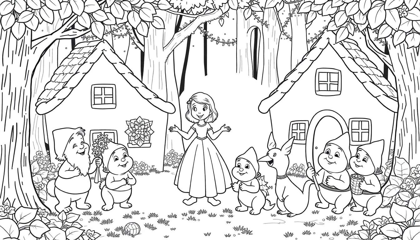 Blanche-Neige et les nains dans la forêt, dessin noir et blanc pour coloriage.