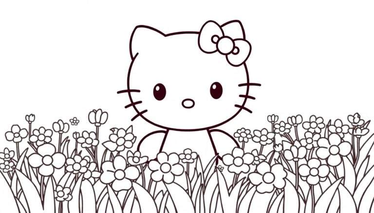 Hello Kitty dans un champ de fleurs, un color panel à remplir.