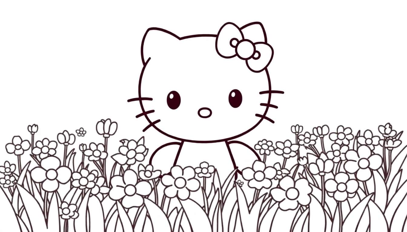 Hello Kitty dans un champ de fleurs, un color panel à remplir.