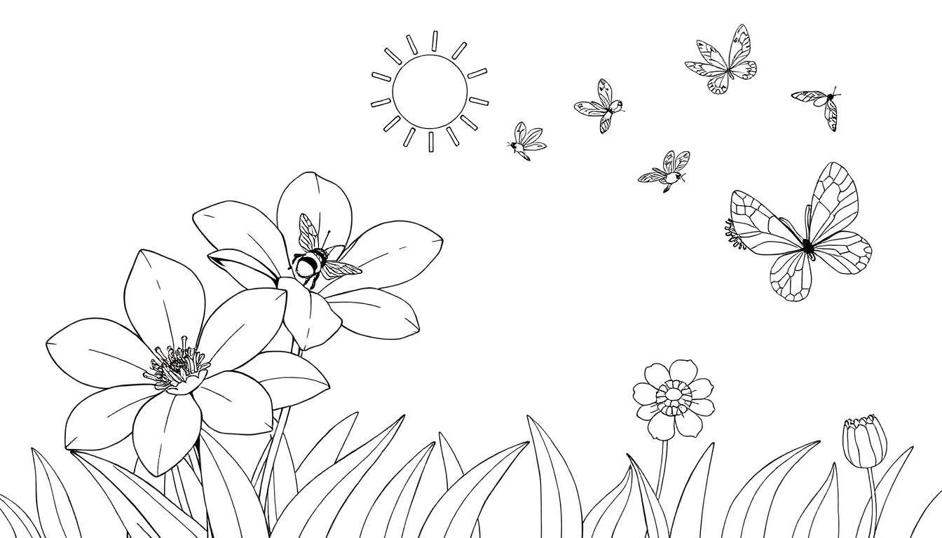 Page à colorier nature avec fleurs, abeille, papillons et soleil.