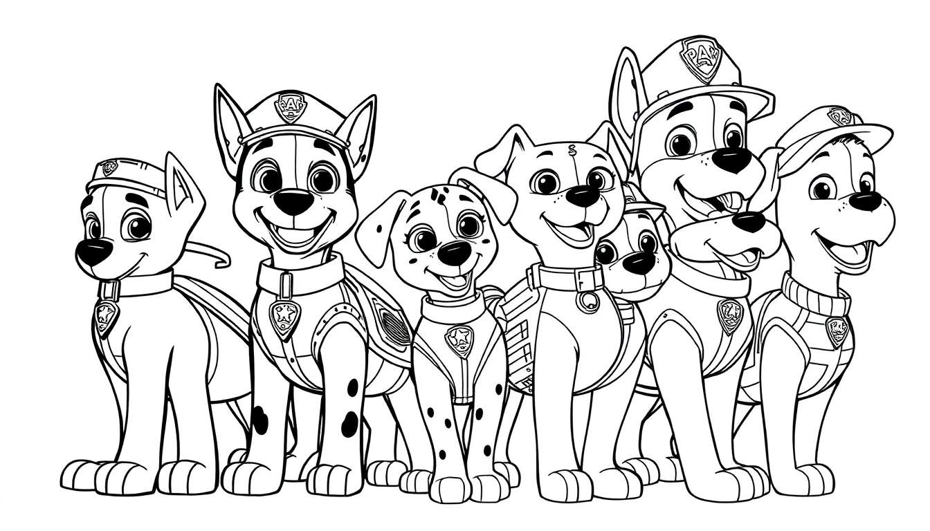 Un color panel de la Pat' Patrouille avec sept chiots souriants en uniforme.