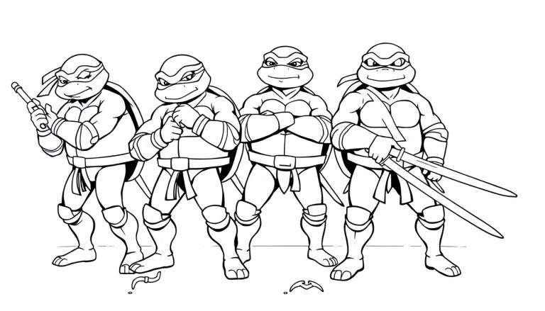 Dessin au trait des quatre Tortues Ninja prêtes à l'action, de gauche à droite : Donatello avec son bō, Raphaël avec ses sais, Leonardo avec ses katanas, et Michelangelo avec ses nunchakus. Deux shurikens ninja sont visibles en bas.