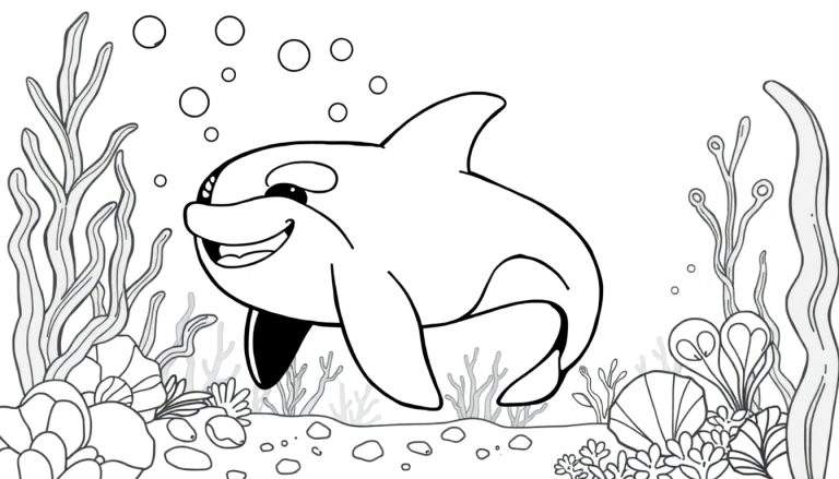 Un dessin au trait d'un orque souriant avec une grande tache oculaire, nageant dans un environnement sous-marin coloré avec des bulles, des algues, des coraux et des coquillages.