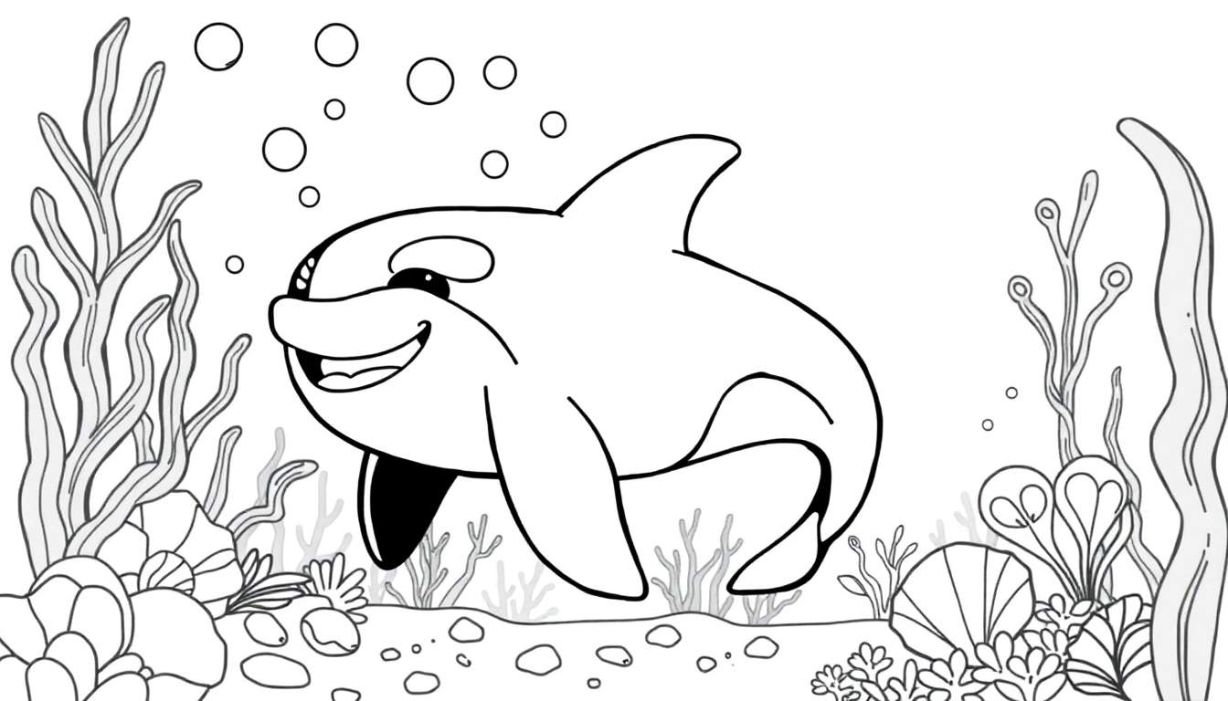 Un dessin au trait d'un orque souriant avec une grande tache oculaire, nageant dans un environnement sous-marin coloré avec des bulles, des algues, des coraux et des coquillages.