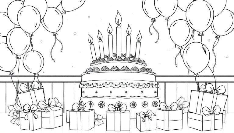 Page à colorier de gâteau d'anniversaire avec bougies, ballons et cadeaux.