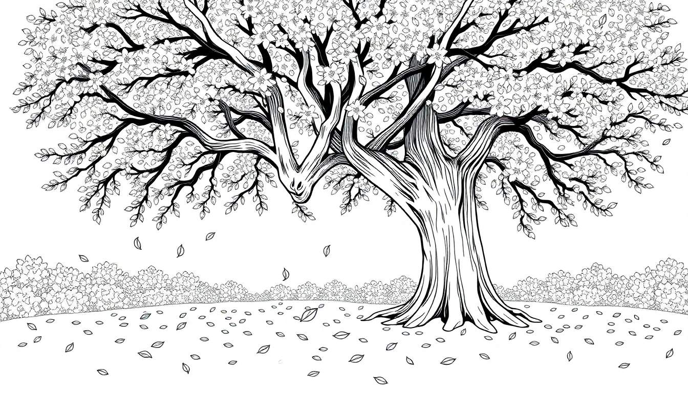 Un arbre dessiné en noir et blanc, avec des feuilles qui tombent et un sol couvert de feuillage, évoquant un color panel.