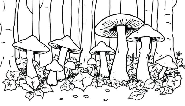 Un dessin en noir et blanc de champignons dans une forêt, prêt pour le coloriage, faisant partie d'un color panel éducatif.