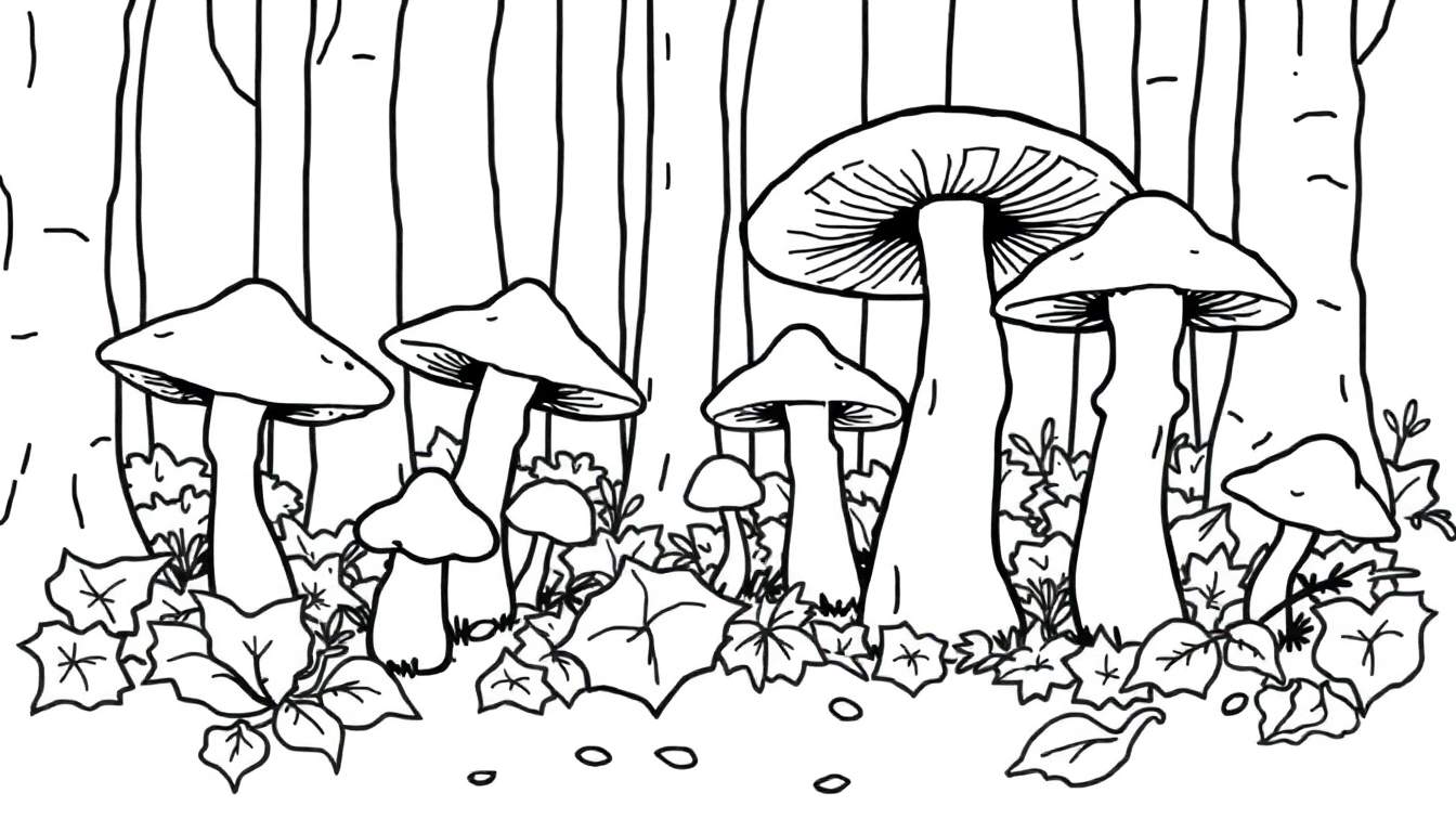 Un dessin en noir et blanc de champignons dans une forêt, prêt pour le coloriage, faisant partie d'un color panel éducatif.
