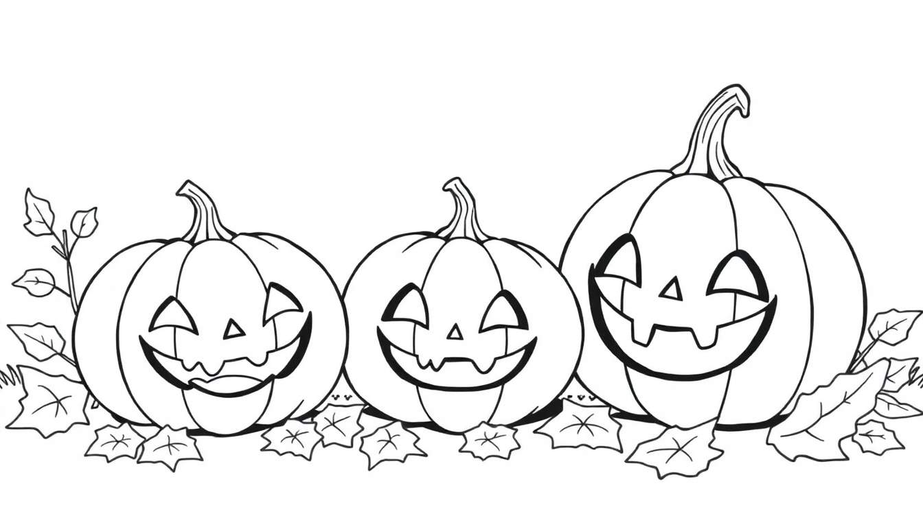 Dessin au trait de trois citrouilles d'Halloween souriantes entourées de feuilles d'automne, parfaites pour un color panel.