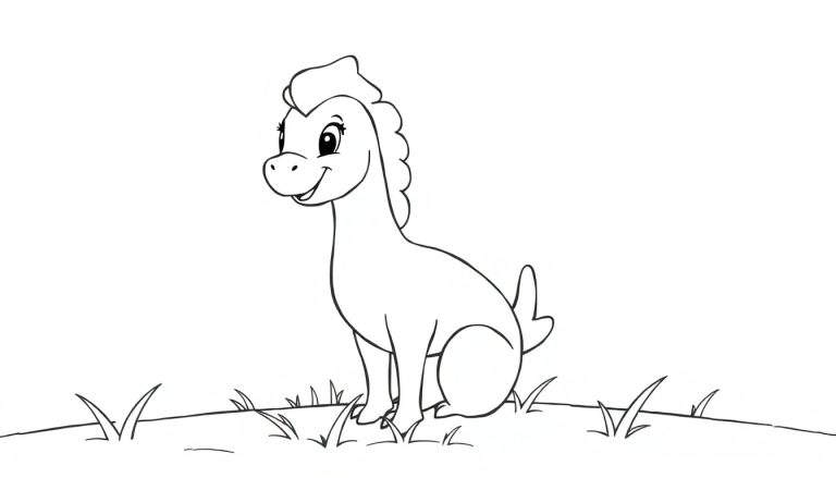 Petit dinosaure souriant assis dans l'herbe, style dessin animé pour coloriage.