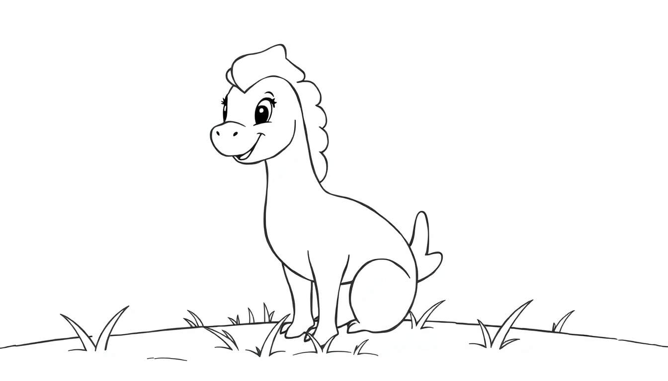 Petit dinosaure souriant assis dans l'herbe, style dessin animé pour coloriage.