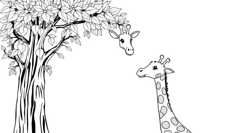 Un dessin au trait noir et blanc d'une girafe mangeant des feuilles d'un arbre, parfait pour un panneau à colorier.
