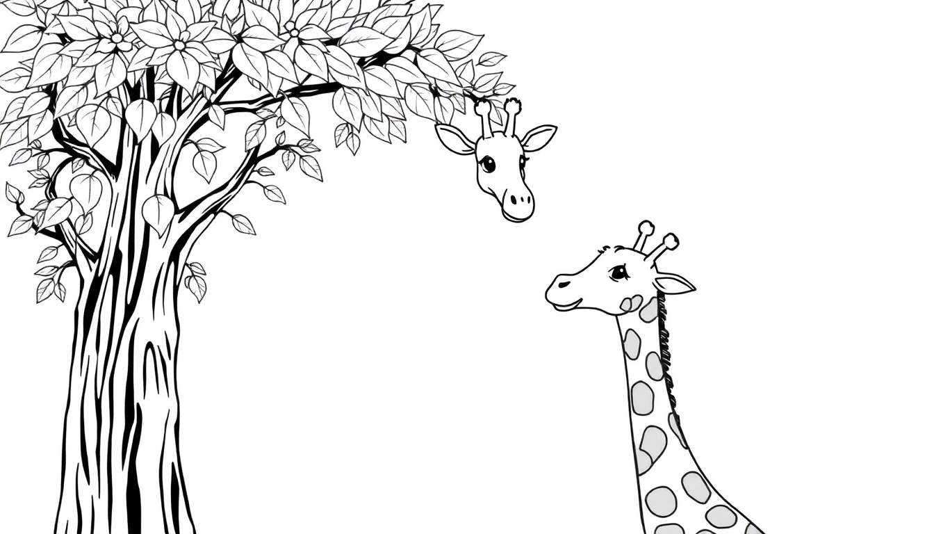 Un dessin au trait noir et blanc d'une girafe mangeant des feuilles d'un arbre, parfait pour un panneau à colorier.