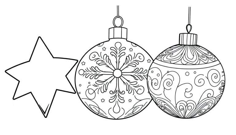 Une page de coloriage en noir et blanc avec deux boules de Noël décorées et une étoile. Le color panel est prêt pour être rempli de couleurs vives.