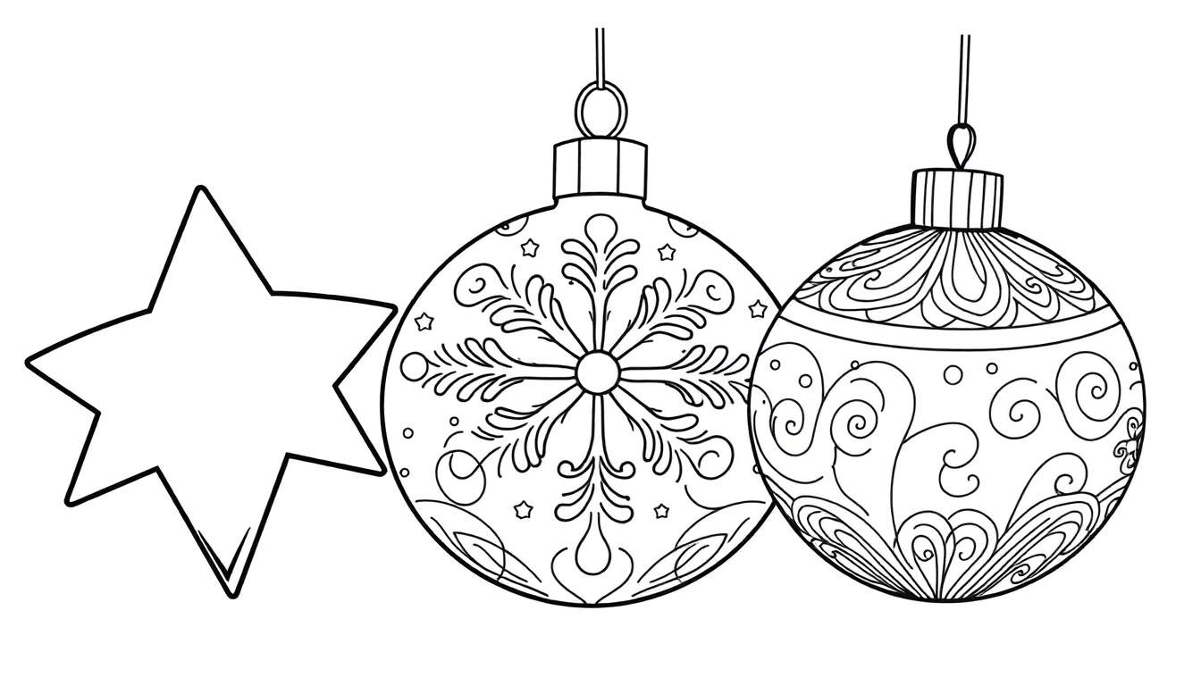 Une page de coloriage en noir et blanc avec deux boules de Noël décorées et une étoile. Le color panel est prêt pour être rempli de couleurs vives.