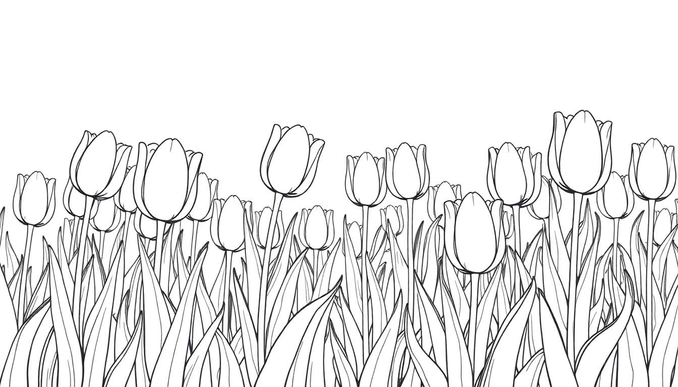 Dessin au trait noir de tulipes sur fond blanc, prêt pour un color panel.