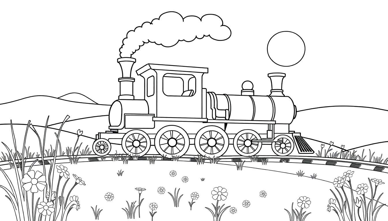 Dessin au trait d'un train à vapeur traversant un paysage verdoyant avec un soleil ou une lune dans le ciel, prêt à être coloré.