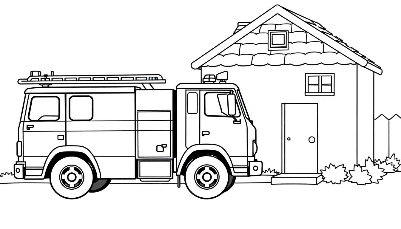 Dessin d'une autopompe de pompier, prêt pour une feuille de coloriage.