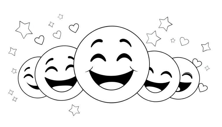 Panneau de coloriage d'émojis souriants avec des étoiles et des cœurs.
