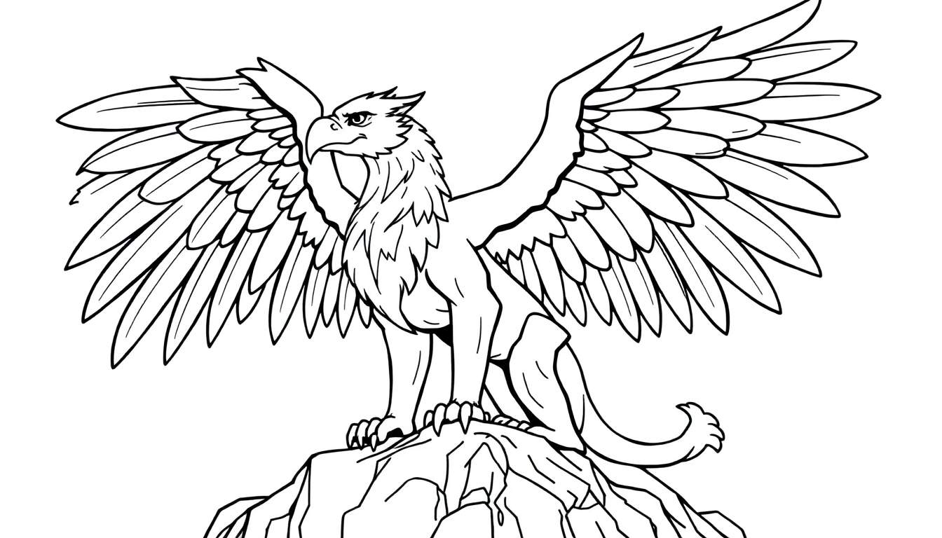 Un griffon en noir et blanc prêt à être colorisé, avec un corps de lion et une tête d'aigle, perché sur un rocher.