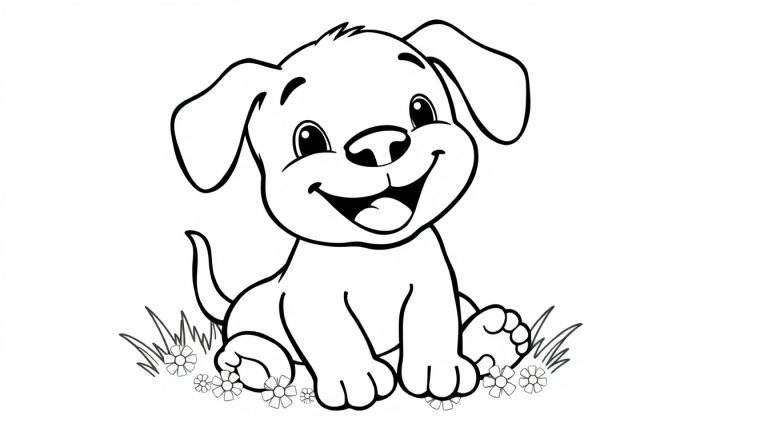 Un dessin au trait d'un chiot souriant assis dans l'herbe avec des fleurs, prêt à être colorié, dans un color panel.