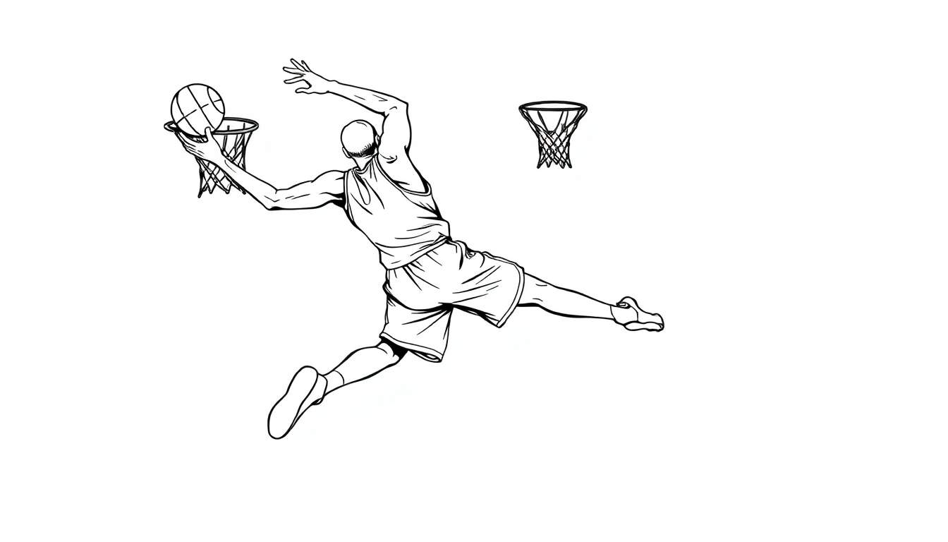 Dessin au trait d'un joueur de basket-ball en plein dunk, prêt à être colorié.