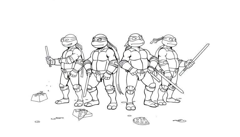 Illustration en noir et blanc des Tortues Ninja, prêtes à colorier.