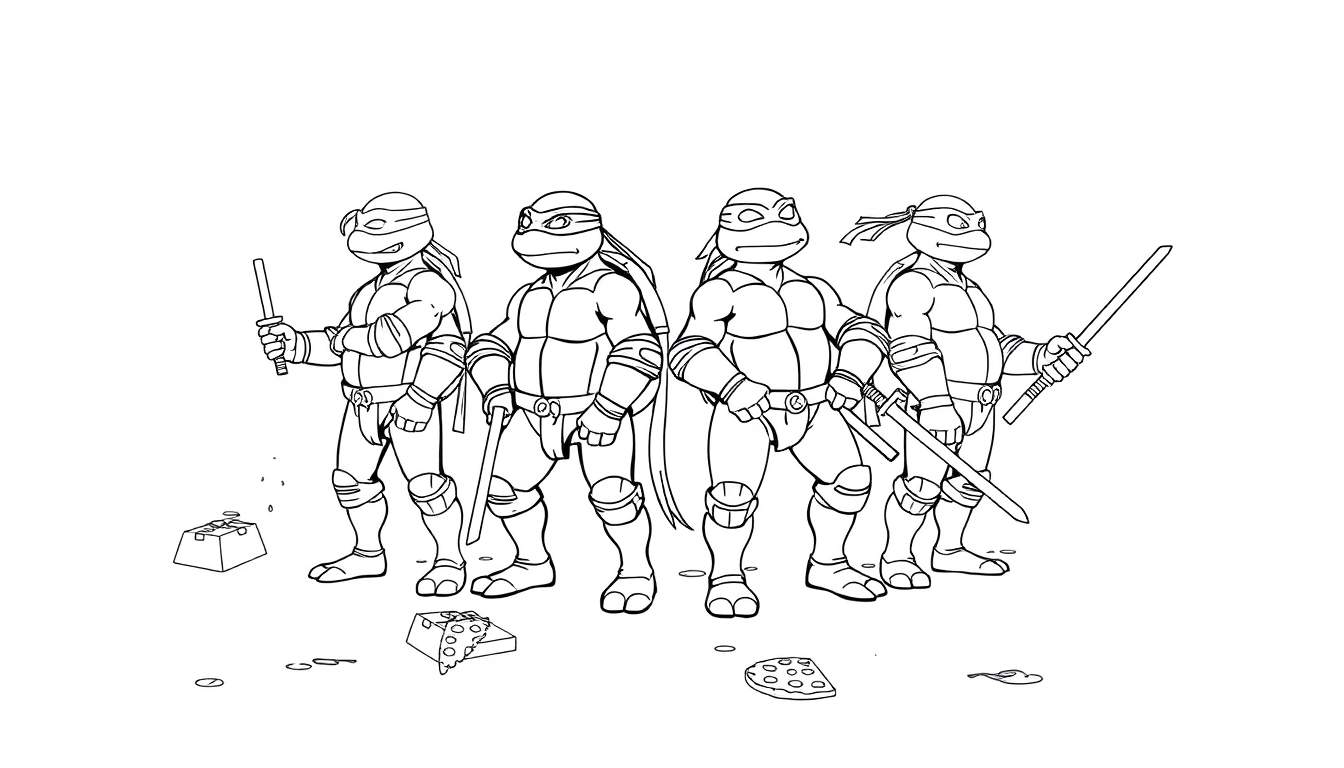 Illustration en noir et blanc des Tortues Ninja, prêtes à colorier.