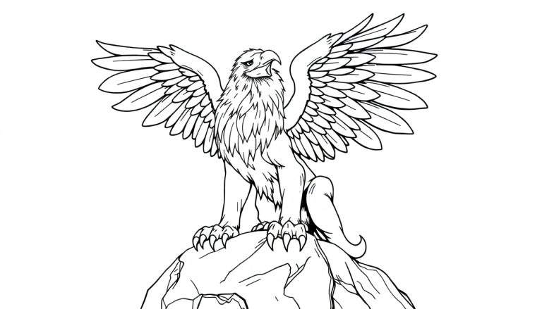 Griffon majestueux en noir et blanc, ailes déployées, prêt à être colorisé sur un color panel.