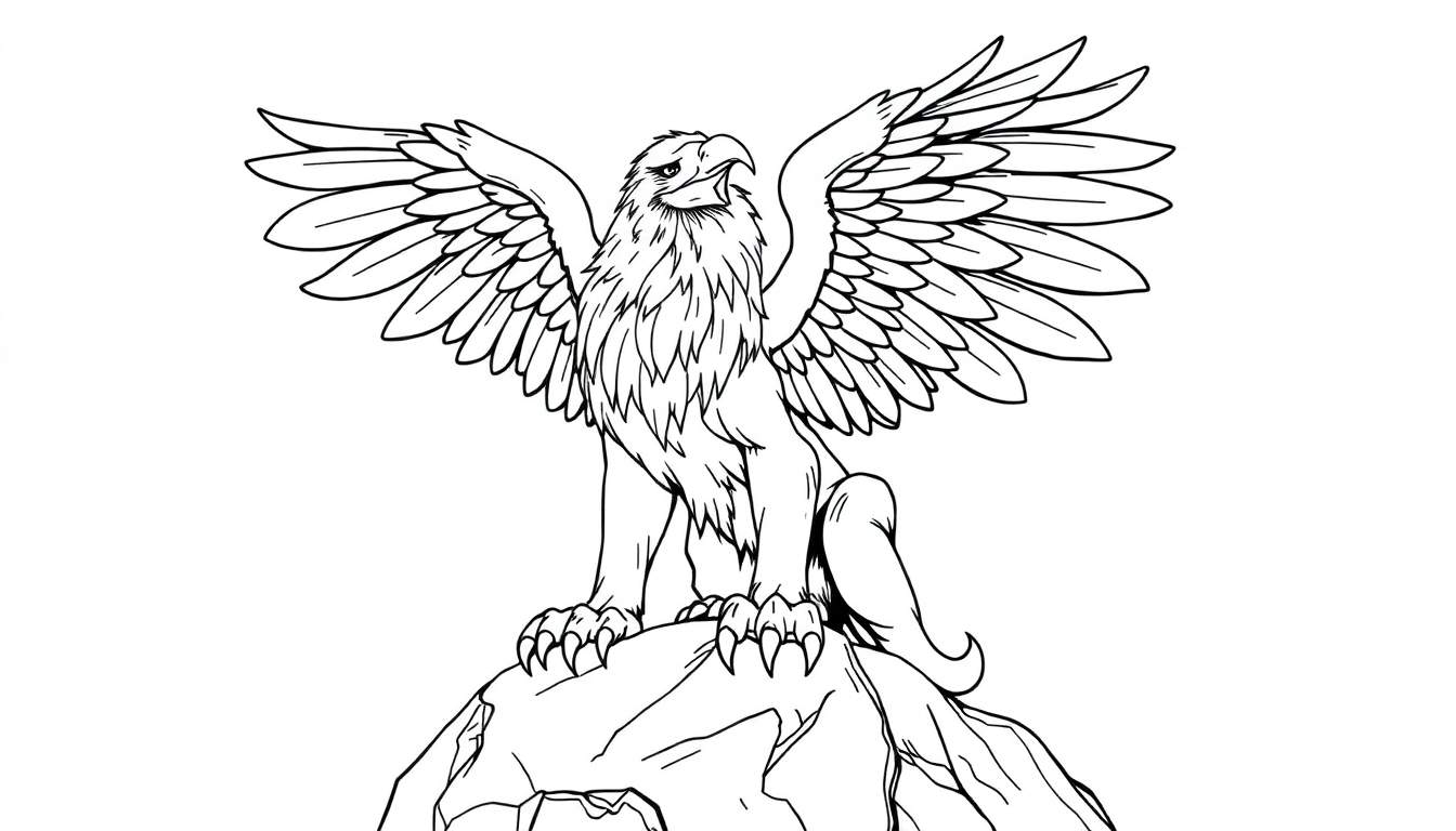 Griffon majestueux en noir et blanc, ailes déployées, prêt à être colorisé sur un color panel.