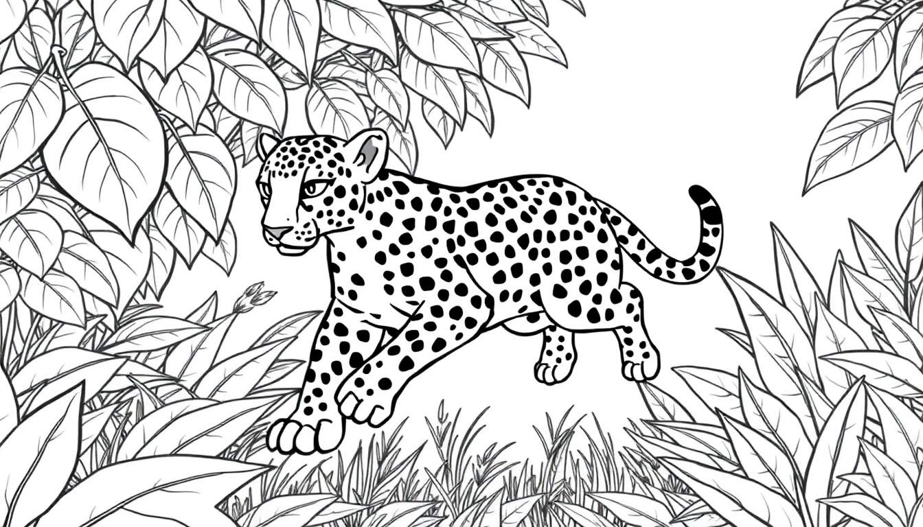 Un léopard tacheté fait un mouvement dans un feuillage dessiné. Color panel pour livre de coloriage.