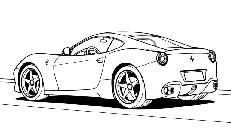 Dessin au trait noir et blanc d'une voiture de sport vue de dos et de côté, prête à être coloriée.