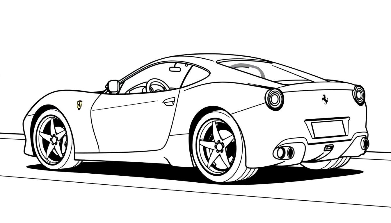 Dessin au trait noir et blanc d'une voiture de sport vue de dos et de côté, prête à être coloriée.