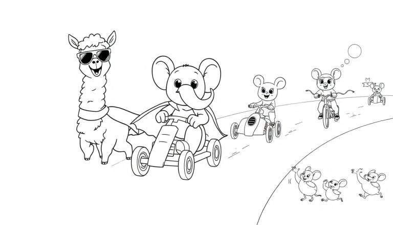 Dessin au trait d'une course d'animaux : un lama en lunettes de soleil, un éléphant en cape dans un kart, une souris dans un véhicule, une autre souris à vélo, et trois souris encourageant.