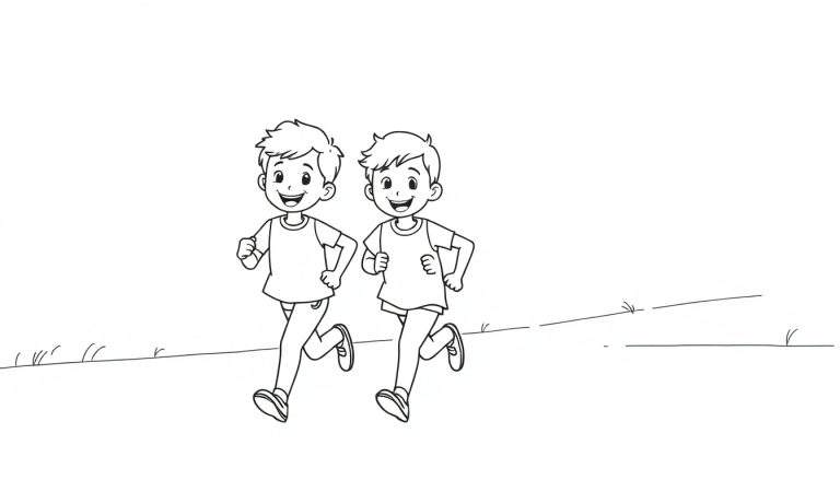 Dessin au trait d'enfants courant sur un terrain d'herbe dans un color panel.
