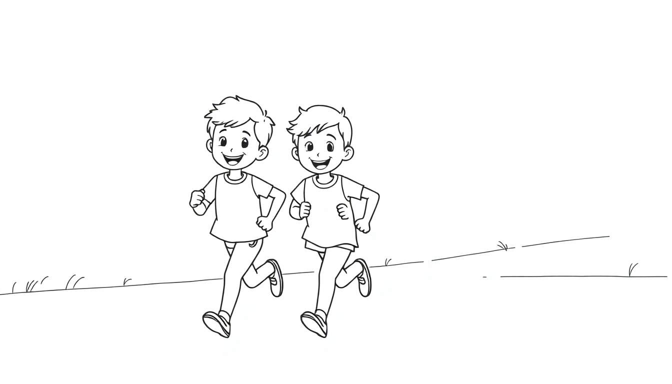 Dessin au trait d'enfants courant sur un terrain d'herbe dans un color panel.