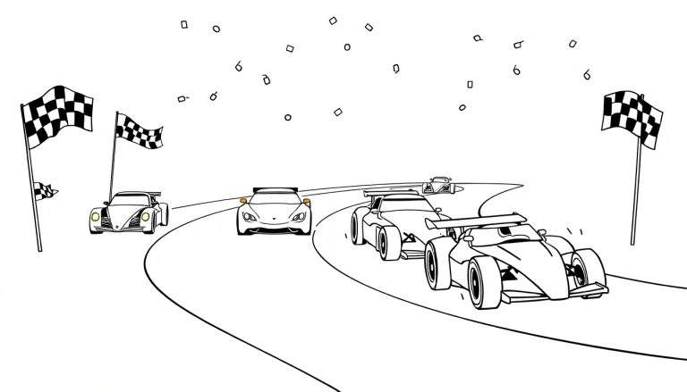 Dessin en noir et blanc d'une course de voitures avec des confettis et des drapeaux à damier, un color panel.