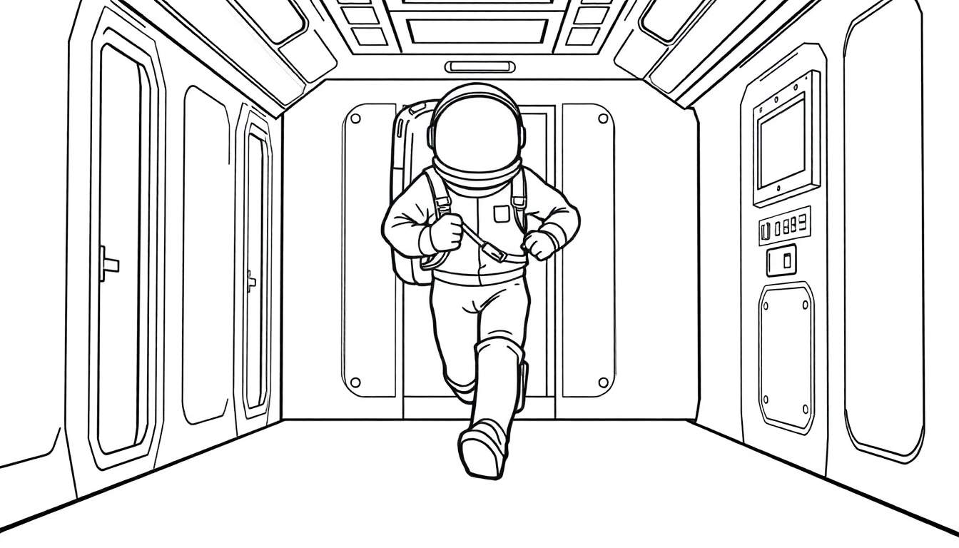 Un astronaute en combinaison spatiale court dans un couloir de vaisseau spatial, prêt à être colorié.