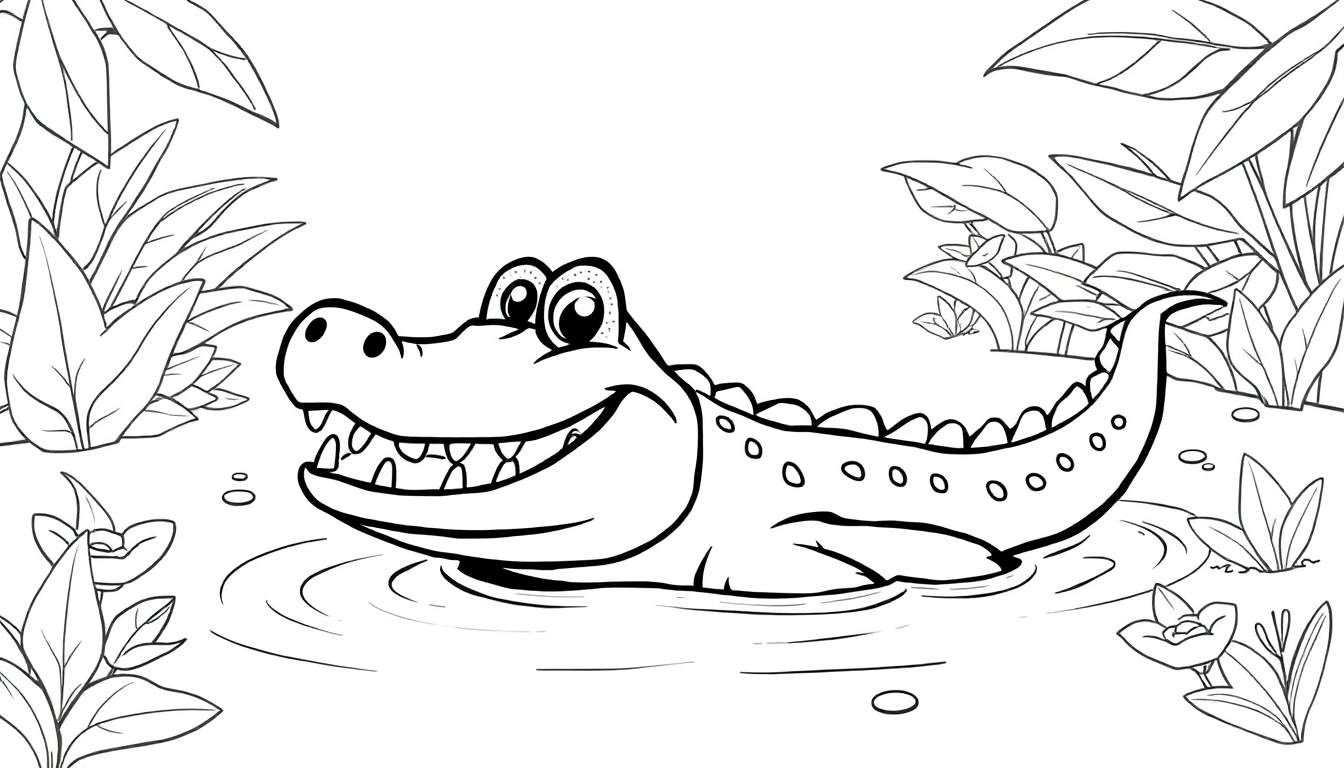 Dessin au trait d'un crocodile souriant dans un environnement tropical pour un color panel.